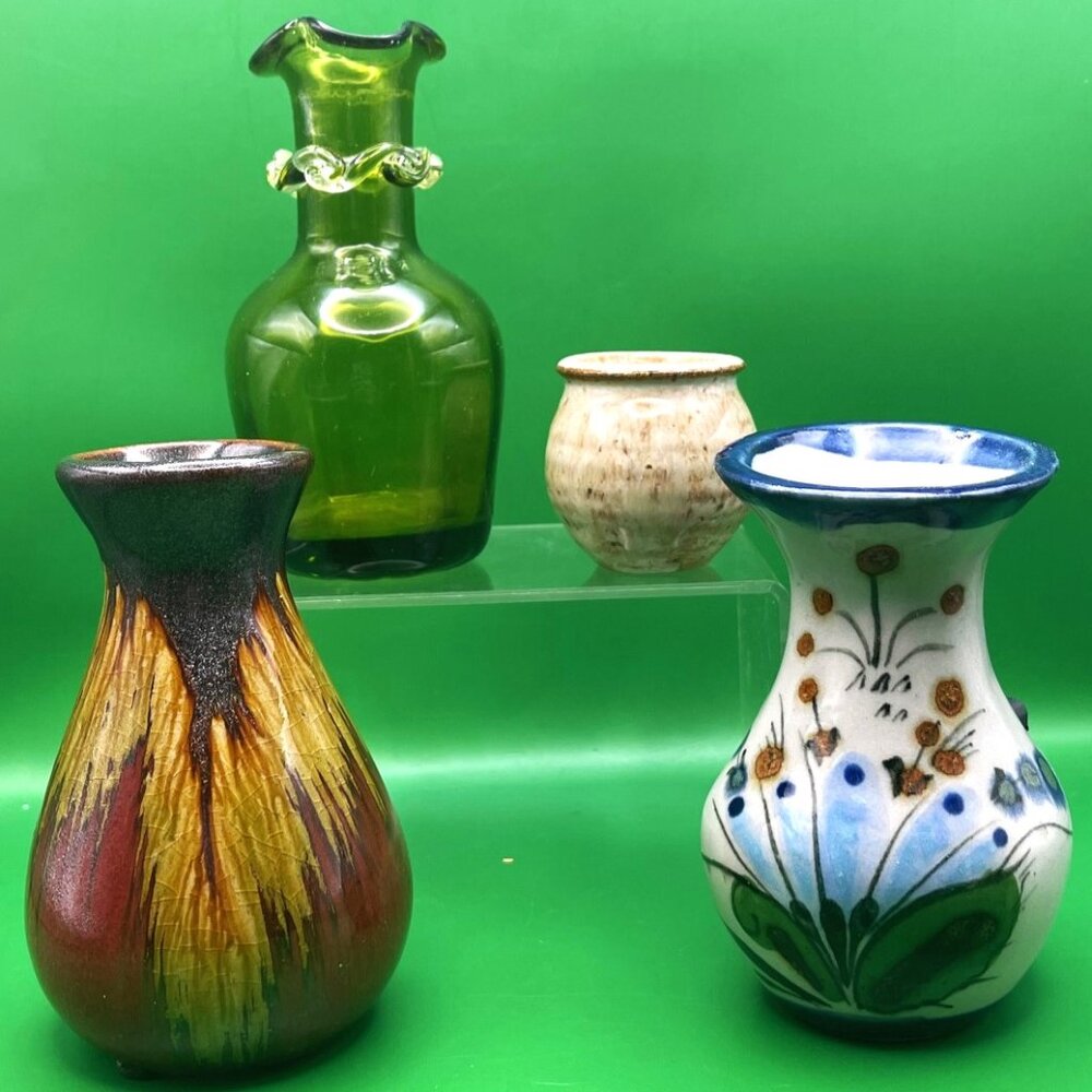 Small Bud Vase Lot of 4 Floral Mexican Pottery Ruffled Green Glass Drip Glaze